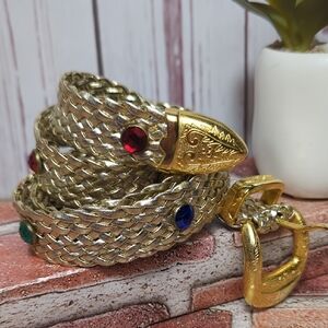 Vtg 80s 90s Gold Braided Woven Belt Gem Rhinestones Glam Maximalist Art Deco M/L